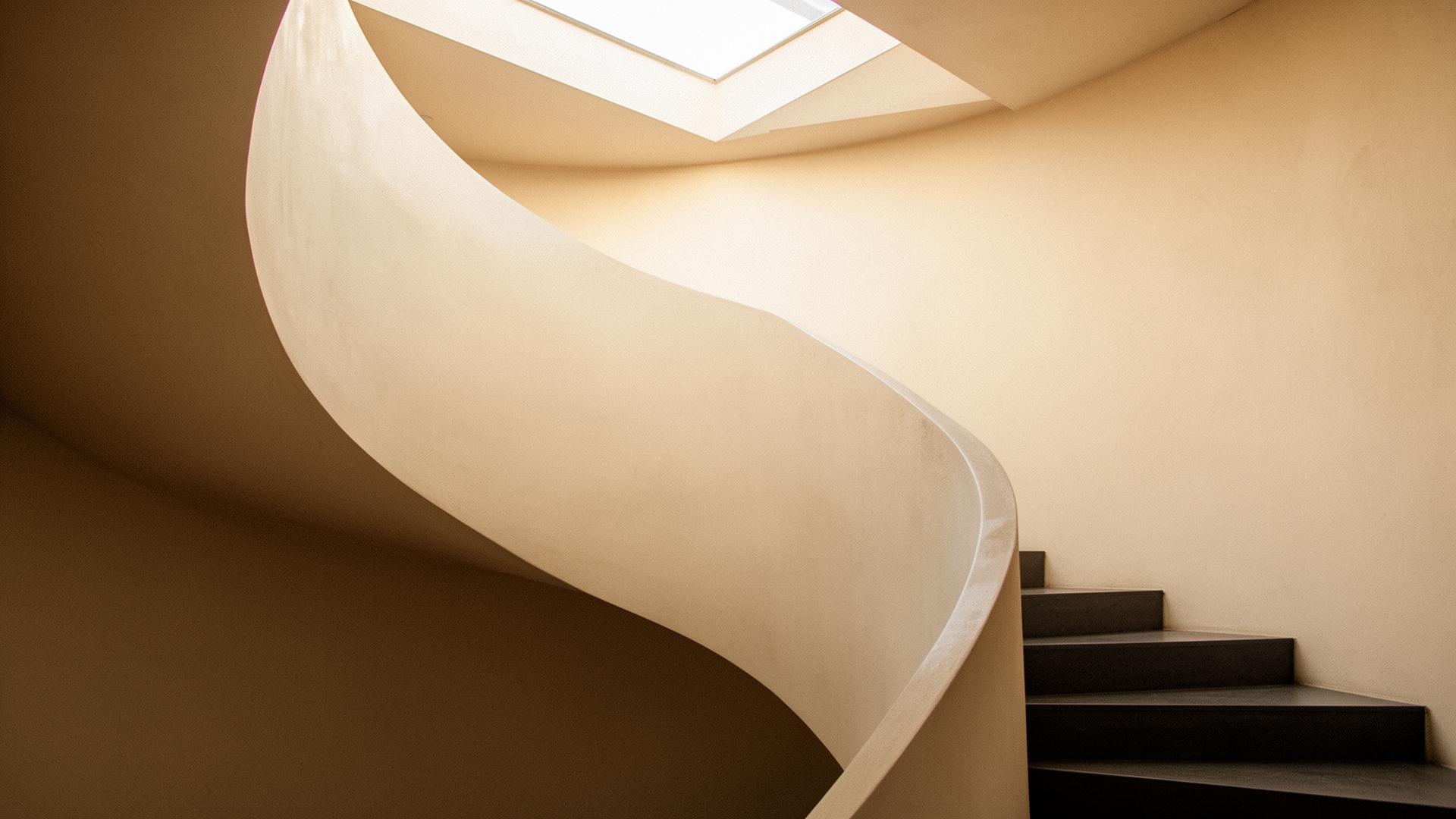 Curved cream plaster staircase rising toward a skylight